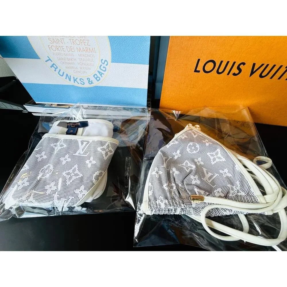 Louis Vuitton Gray White Monogram Triangle Bikini Set Top 38 Bottom 36 Small LTD